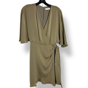 Ramy Brook Olive Satin Faux Wrap Short Dress Flutter Sleeves Tie V-Neck Sz 0